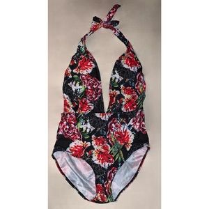 Red & Black Floral One Piece Swimsuit | M